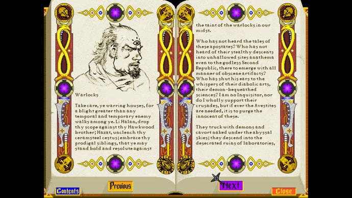 An explainer tome in Emperor Of The Fading Suns open to the page describing the attributes of warlocks