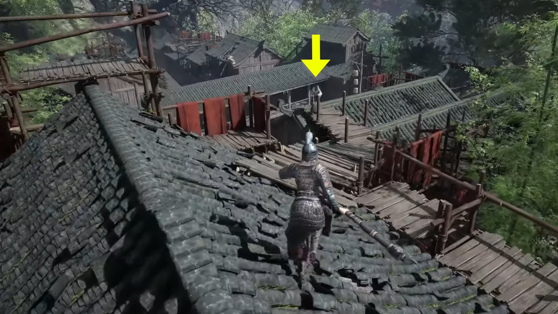A yellow arrow points to the Empyrean Greataxe's location, across the rooftops of Worship's Rise. - 7