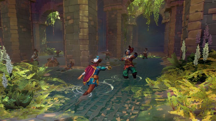 A swordswoman fights a warrior in a watery ruin in En Garde!