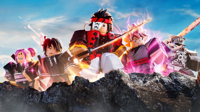 Artwork for Roblox game Encounters showing different characters standing on a cliff edge.