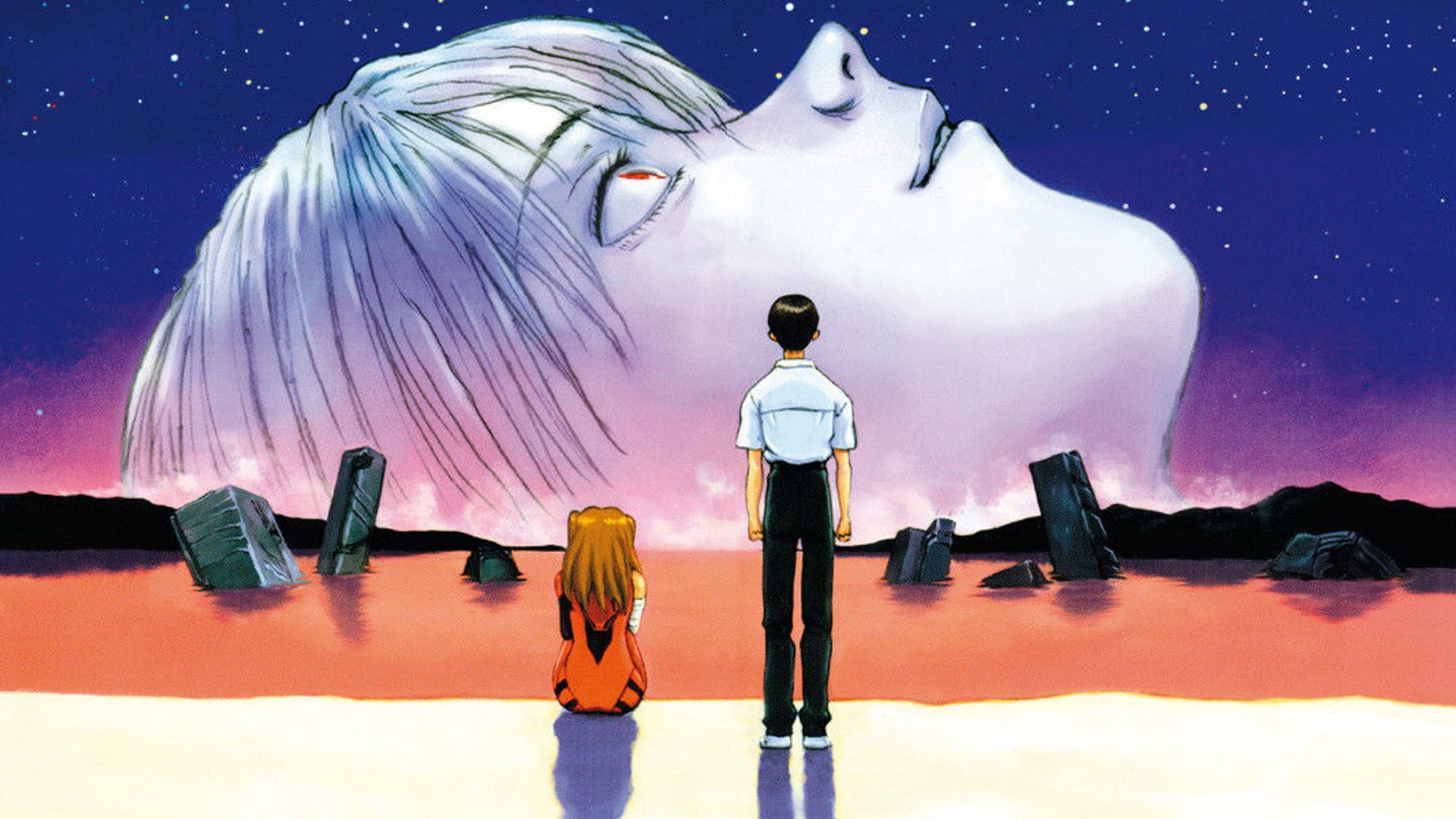 Asuka, a ginger haired teenage girl, is sat in a red suit on a beach, Shinji, a teenage boy wearing a white shirt and black trousers next to her. The ocean is red, and a giant, white head is sticking out of the earth in the distance in a poster for End of Evangelion. - 1