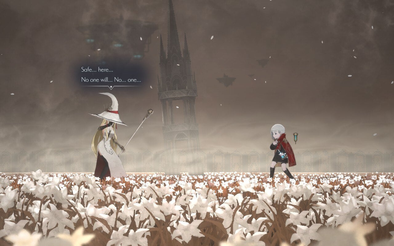 A young girl speaks to a white witch in a field of white flowers in Ender Magnolia: Bloom in the Mist.