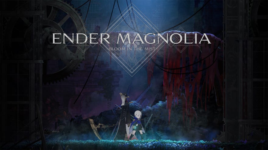 Key creation  from Ender Magnolia showing a pistillate   with grey hairsbreadth  stood adjacent  to a humanoid fig  wearing a disguise  and wielding a scythe.