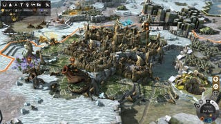 A map in Endless Legend, with green mountain areas in the middle and several units visible