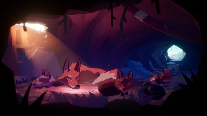 Mama fox and her cubs sleeping in their fox hole.