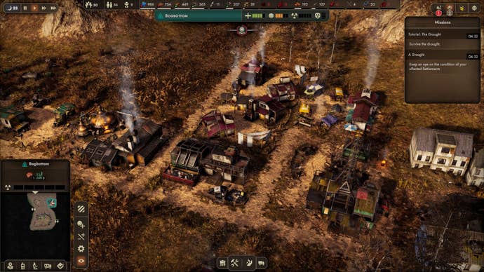 The dry land is parched as smoke rises from stacks of buildings.