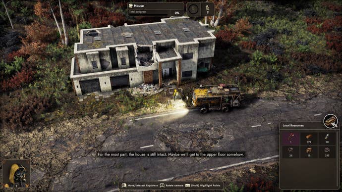 A pathfinder truck drops off an explorer to investigate a house by the roadside.