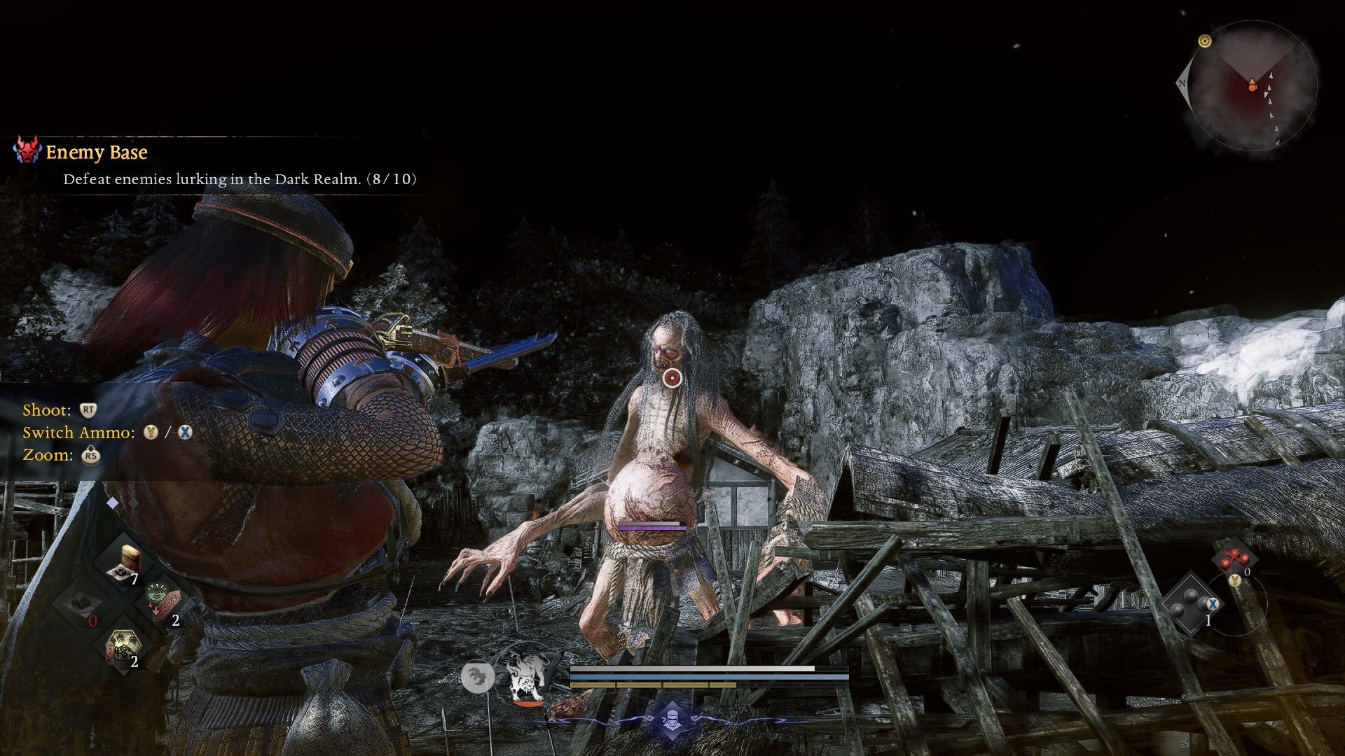 Targeting a huge yokai enemy with a rifle in one of Nioh 3's Enemy Bases. - 7