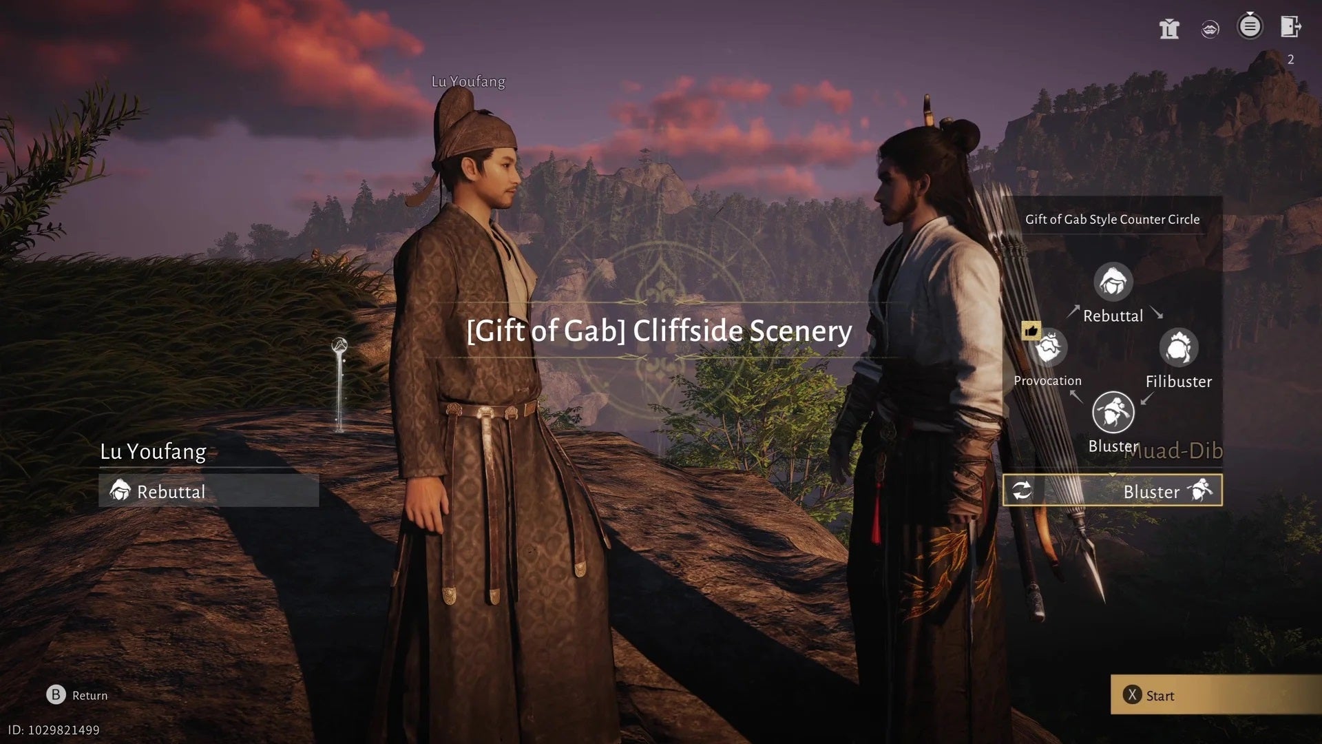 Two characters prepare to engage in a Gift of Gab match, with the various verbal sparring styles presented on screen to choose from. - 1