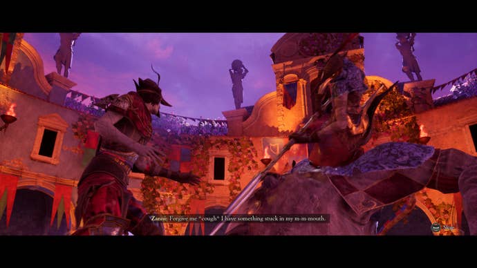 Zanni says she’s got something in her mouth as she coughs, while the player faces off against a spear-wielding boss.