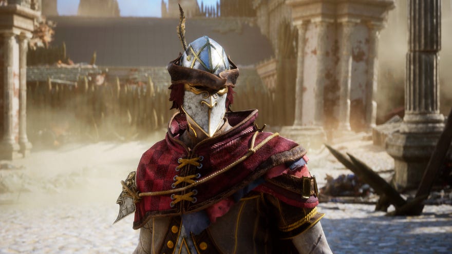 A masked warrior stands in a dusty town in Enotria: The Last Song