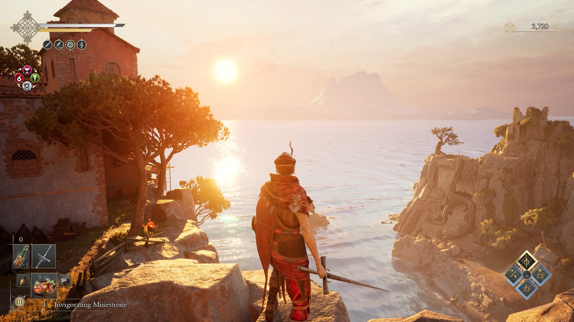 The player, brandishing a sword, stands atop a cliff and watches the sunset. - 1