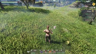 An Enshrouded character wields a simple wood axe in a forest glade.