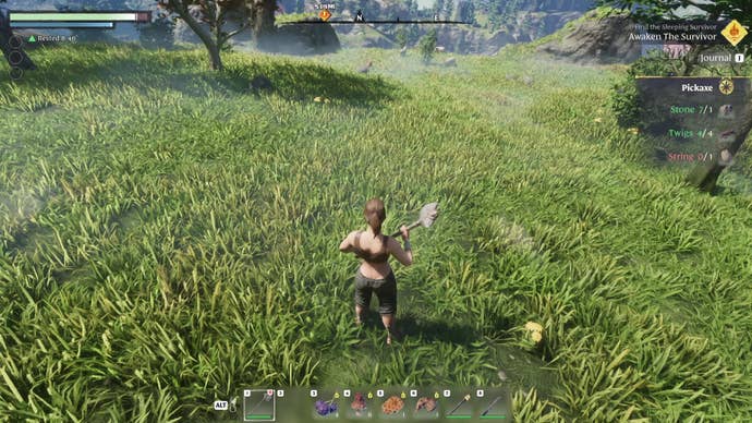 An Enshrouded character wields a simple wood axe in a forest glade.