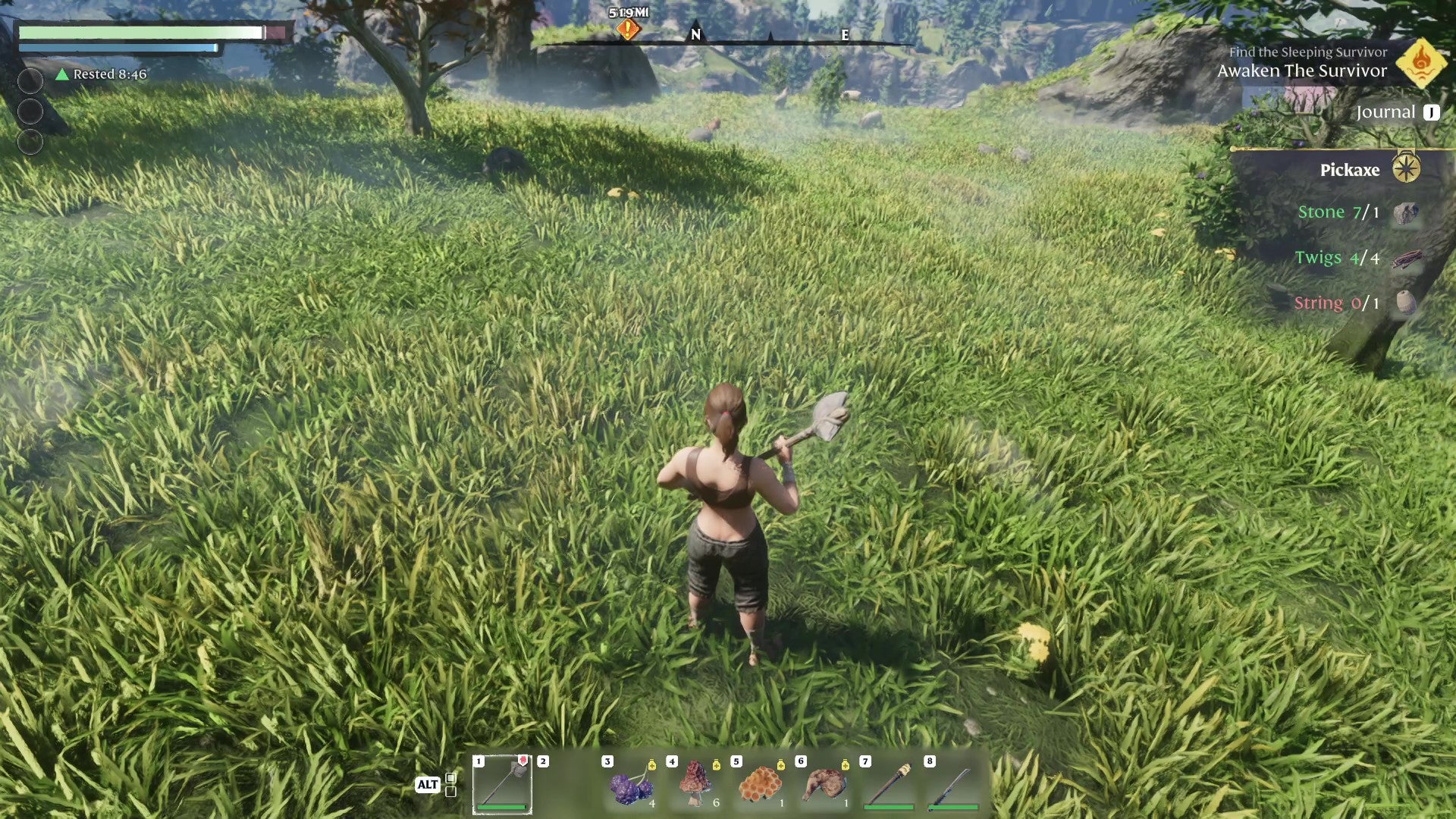 An Enshrouded character wields a simple wood axe in a forest glade. - 1