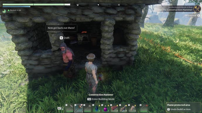 An Enshrouded character in a mix of light and medium early-game armour approaches the blacksmith for crafting.