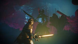 An Enshrouded character faces off against a gigantic boss knight.