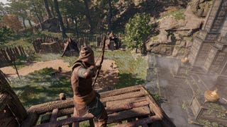 A player in Enshrouded stands on an elevated platform and shoots an arrow with their bow at an enemy below.