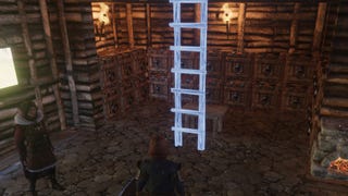 The player in Enshrouded places a ladder in their home.