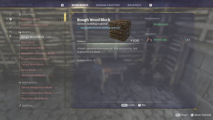 The crafting screen in Enshrouded, with the Rough Wood Block selected.