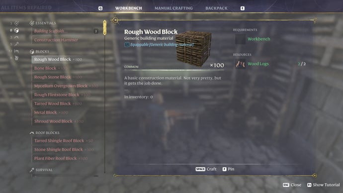 The crafting screen in Enshrouded, with the Rough Wood Block selected.