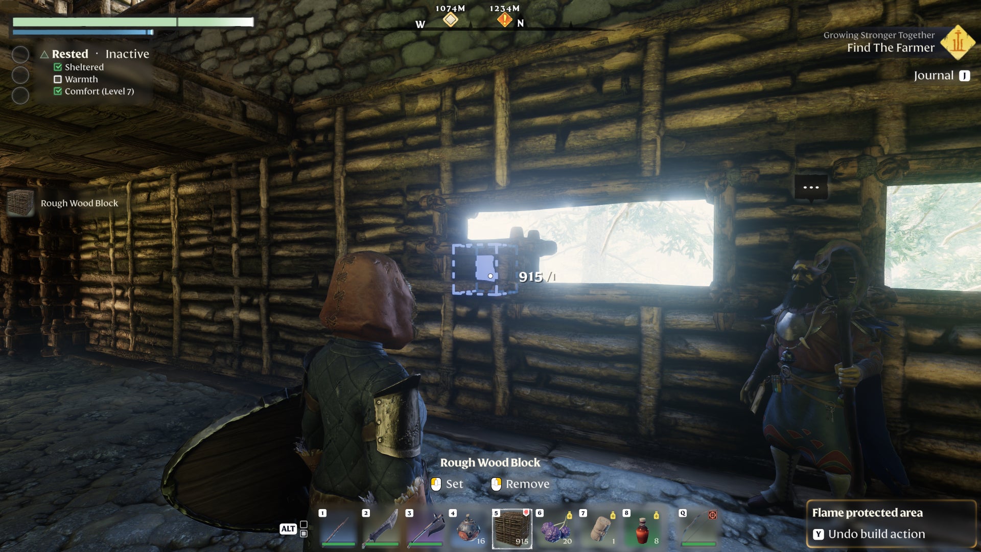 The player in Enshrouded creates a window in a house wall, one block at a time. - 5