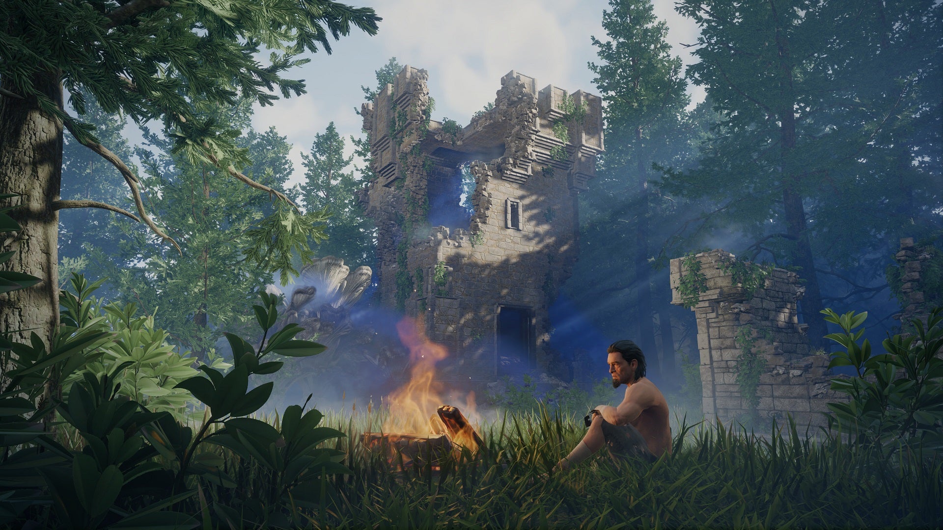 A new Enshrouded character (dressed in ragged trousers and no shirt) sits by a campfire underneath some ruins in a forested area. - 1