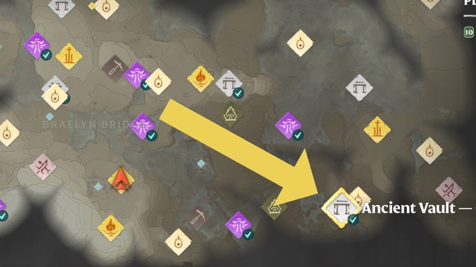 Part of the Enshrouded map, with the location of the Carpenter Ancient Vault marked with a yellow arrow.