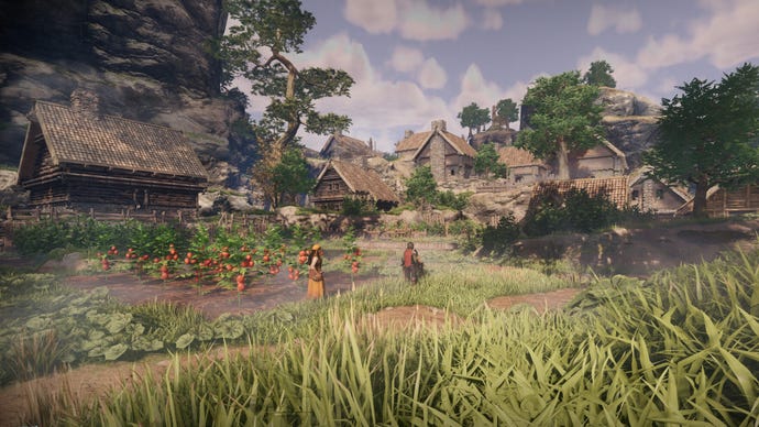 An establishing shot of a farmstead in Enshrouded.