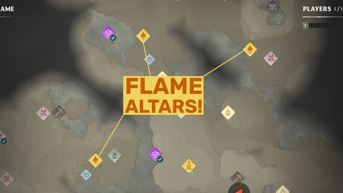 Part of the map in Enshrouded with various Flame Altar locations highlighted.
