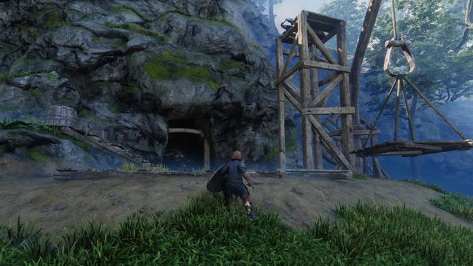 The player in Enshrouded looks at a Flintstone mine.