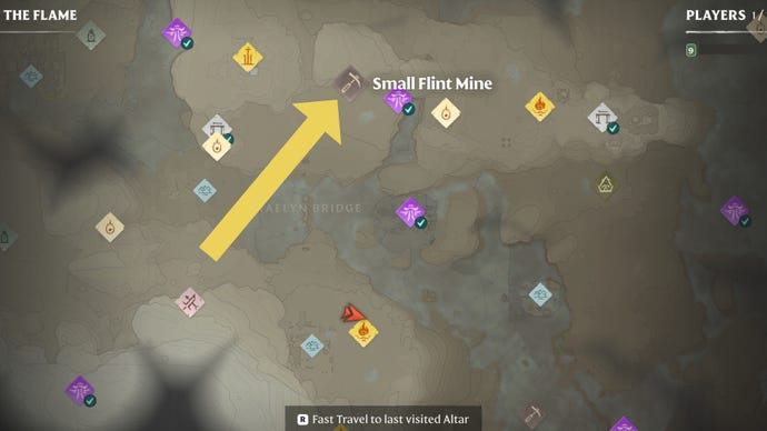 Part of the Enshrouded map, with the location of a Flintstone mine marked with an arrow.