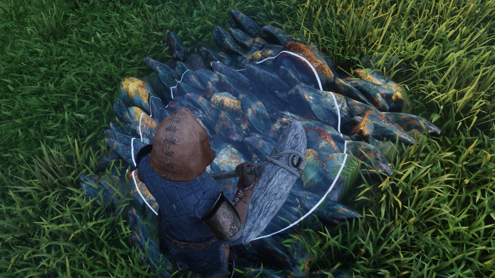 The player in Enshrouded mines a Flintstone patch. - 4