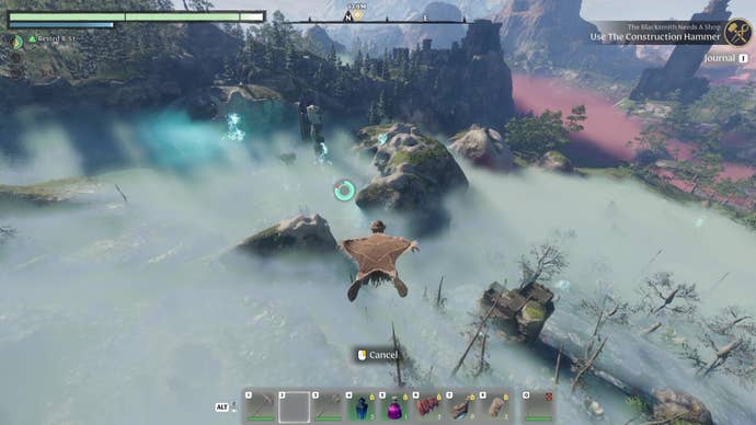 An Enshrouded character glides between hilltops above the Shroud.