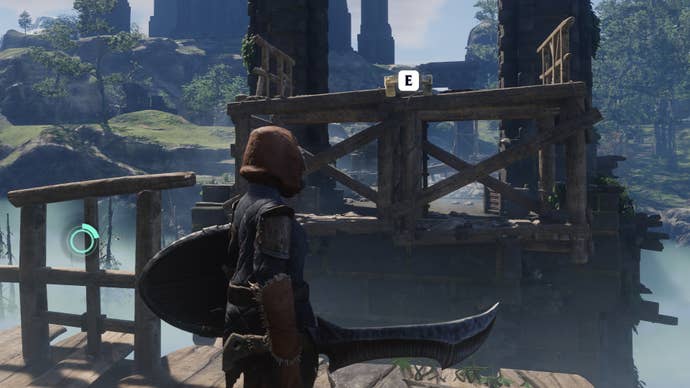 The player in Enshrouded looks across a gap in a bridge. A nearby grapple point is highlighted with a prompt.