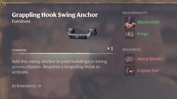 A screenshot of the Grappling Hook Swing Anchor crafting recipe in Enshrouded.