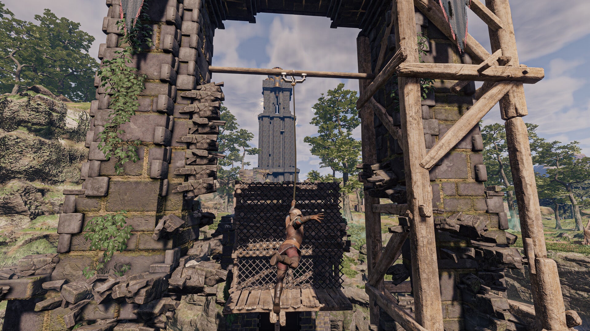 The player in Enshrouded uses their Grappling Hook to swing across a gap in a bridge. - 1