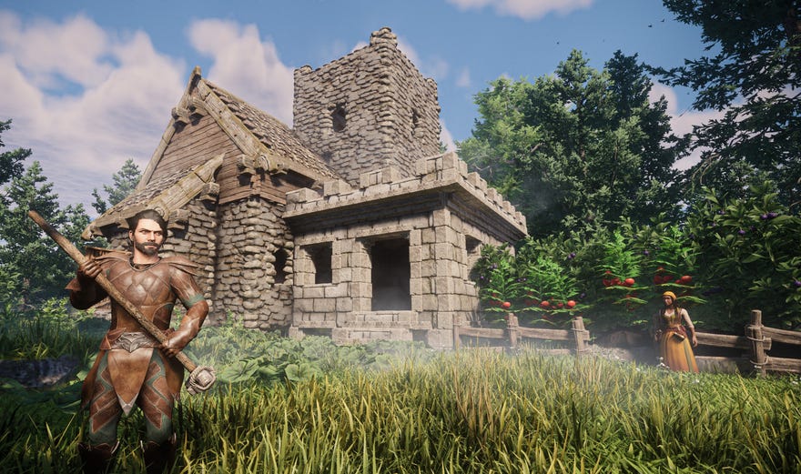 A man stands by his homestead in Enshrouded.