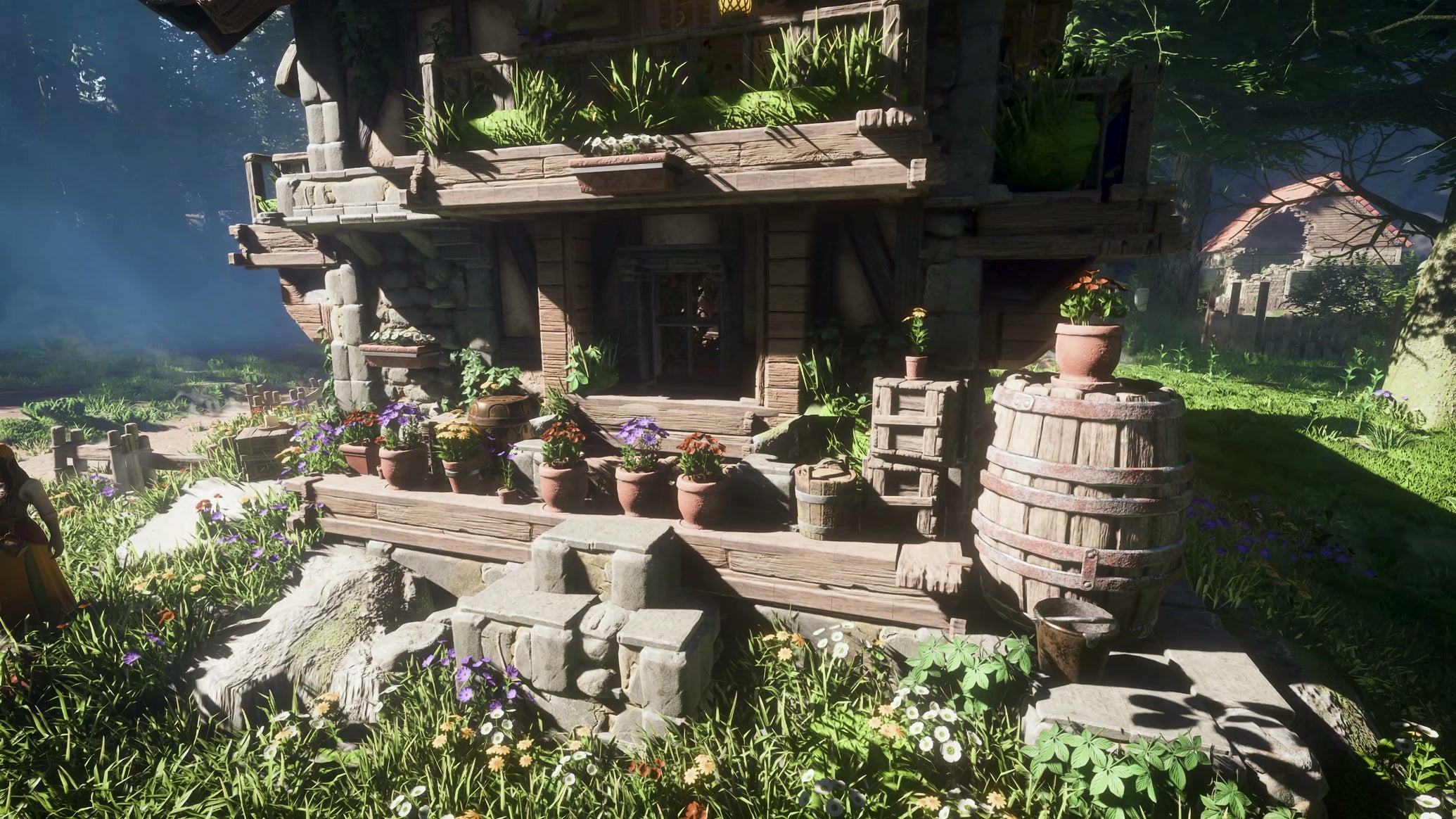A house covered in pretty potted plants in Enshrouded. - 1