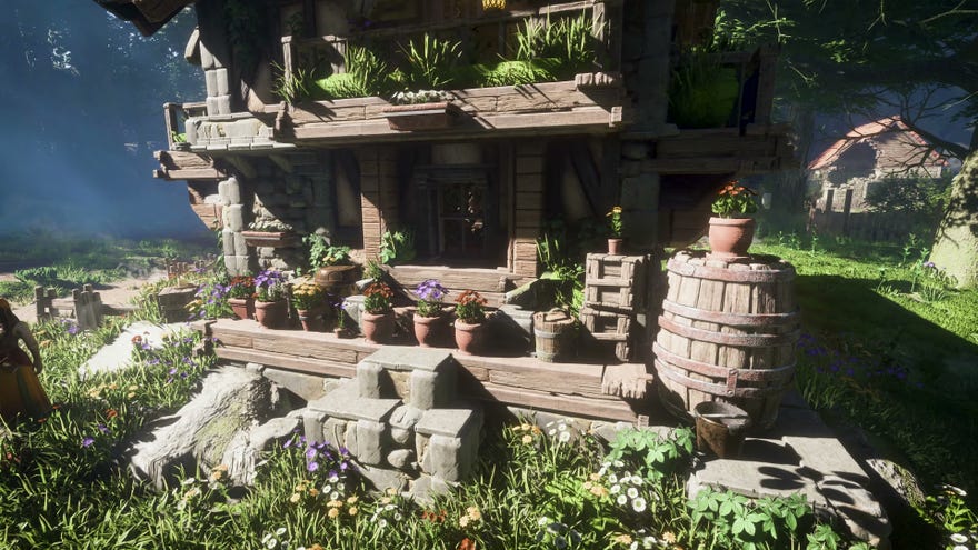 A house covered in pretty potted plants in Enshrouded.