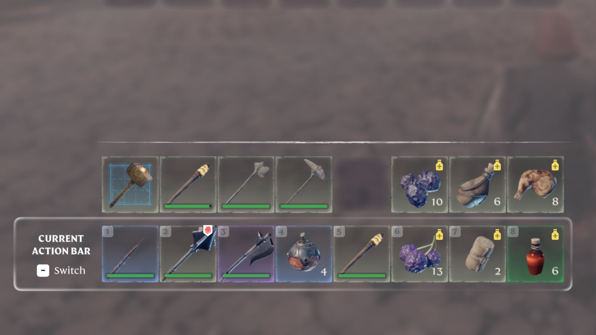 A close-up of the two hotbars in Enshrouded. - 9