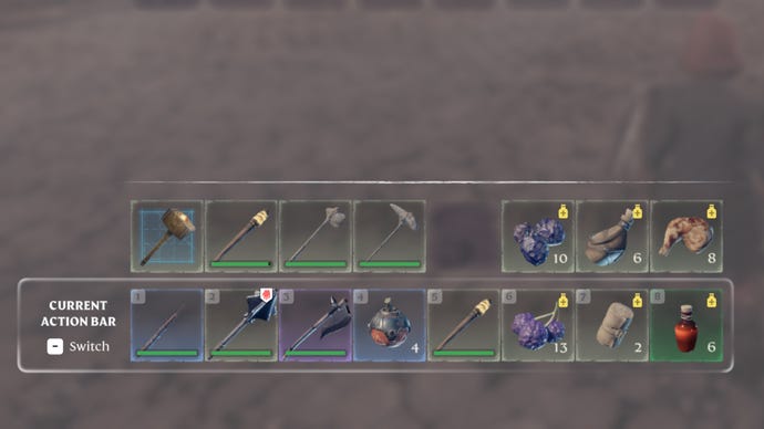 A close-up of the two hotbars in Enshrouded.