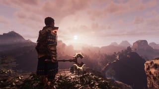 Enshrouded official image showing a player character holding an axe, looking over a mountainous world at golden hour.