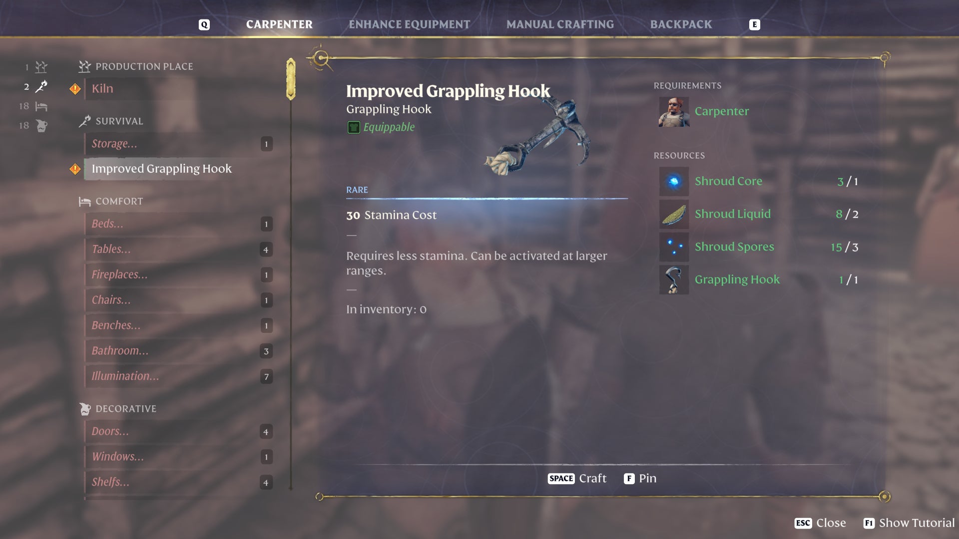 The crafting screen in Enshrouded, with the Improved Grappling Hook recipe selected. - 5