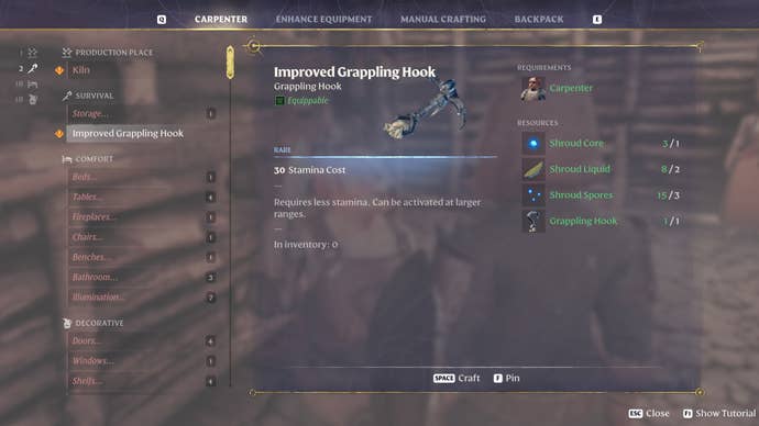 The crafting screen in Enshrouded, with the Improved Grappling Hook recipe selected.