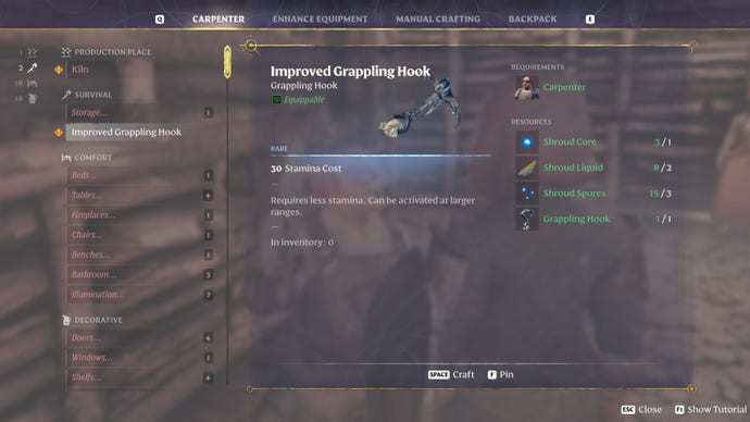 The crafting screen in Enshrouded, with the Improved Grappling Hook recipe selected.