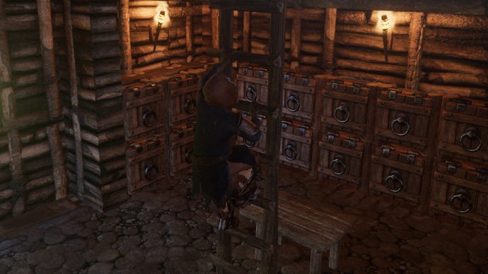 The player in Enshrouded climbs a ladder in their home.