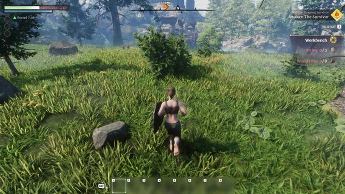 An Enshrouded character runs towards a purple berry bush.