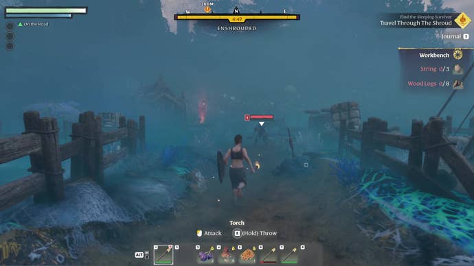 A player character rushes towards a zombified soldier in the Shroud, wielding a torch.