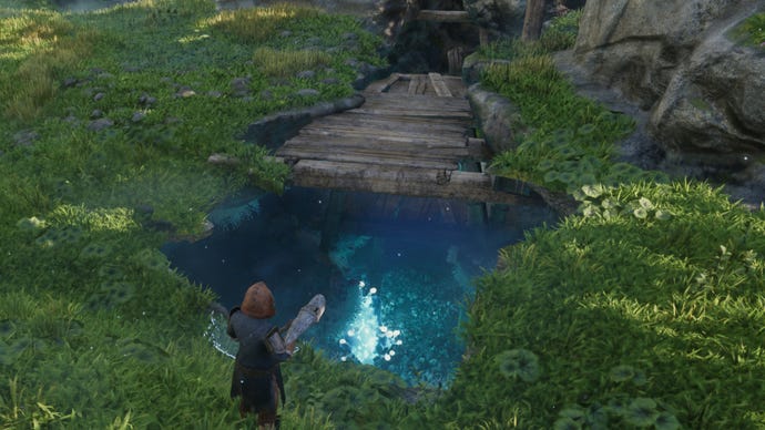 The player in Enshrouded stands in front of a ravine containing a Salt deposit.